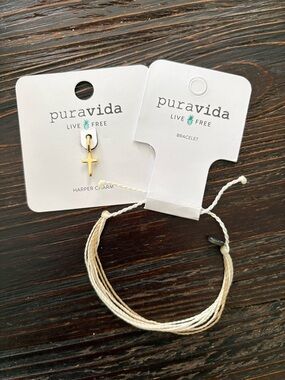Pura Vida Cream Multi-String Bracelet and Gold Cross Charm